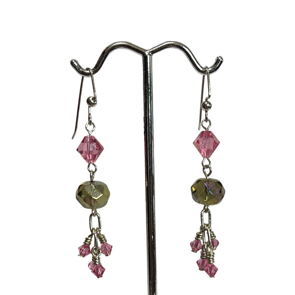 Pink and smoky crystal beaded earrings, pierced
